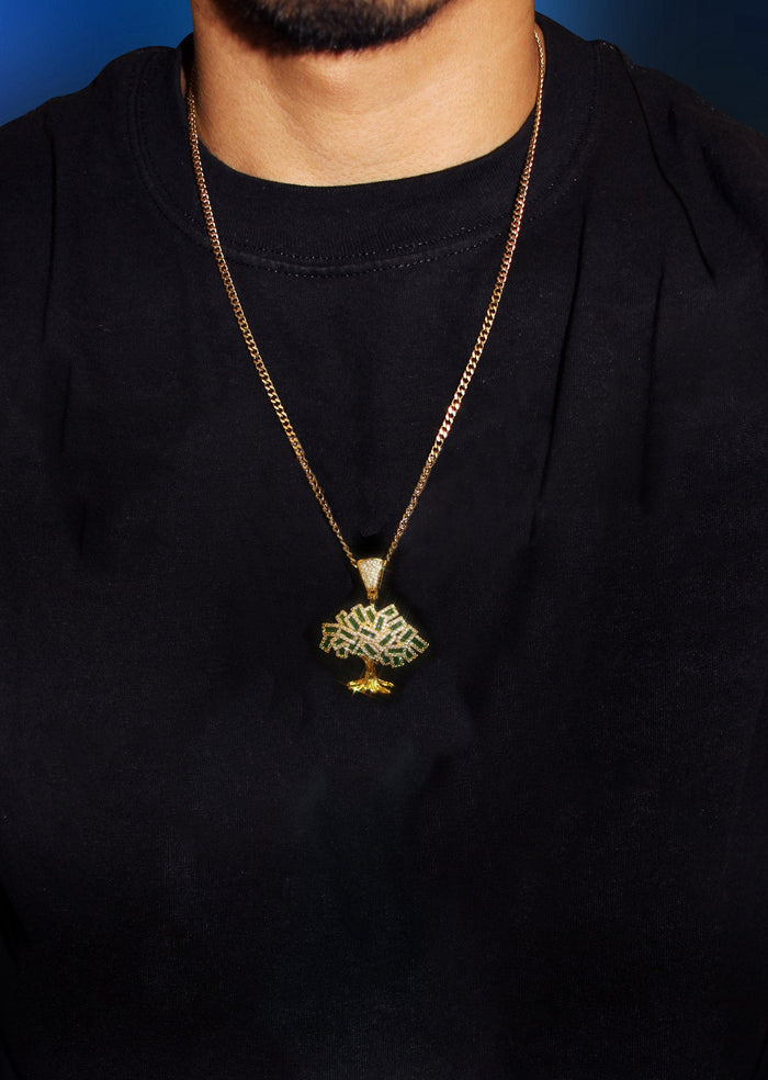Mens Gold Plated Cuban Link Chain & Tree Pendant | Appx. 17 Grams