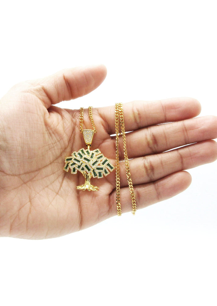 Mens Gold Plated Cuban Link Chain & Tree Pendant | Appx. 17 Grams