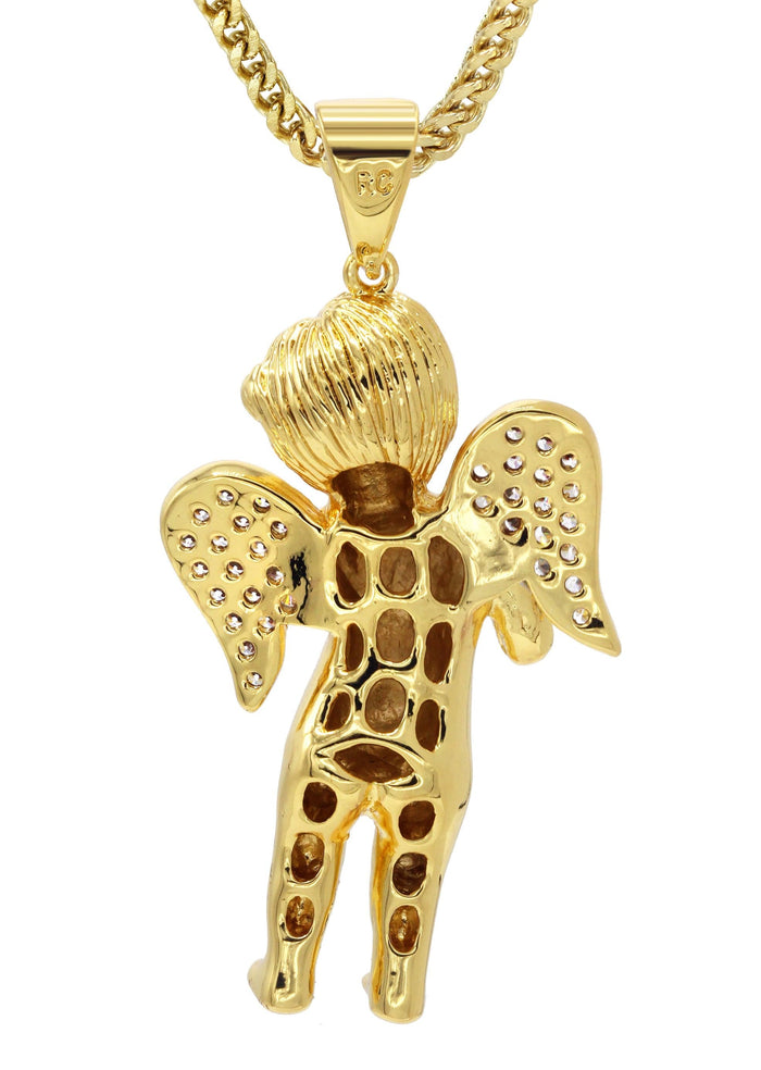 Mens Gold Plated Franco Chain & Angel Pendant | Appx. 19.4 Grams