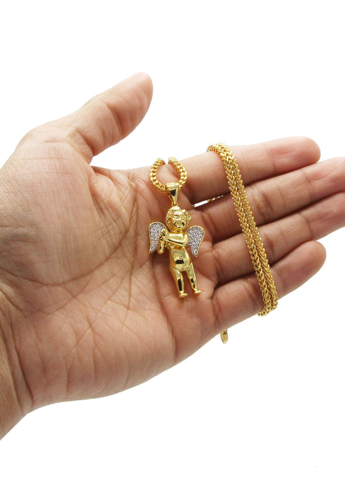 Mens Gold Plated Franco Chain & Angel Pendant | Appx. 19.4 Grams