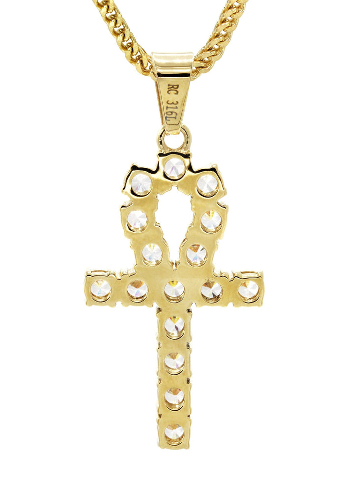 Mens Gold Plated Franco Chain & Ankh Pendant | Appx. 14.2 Grams