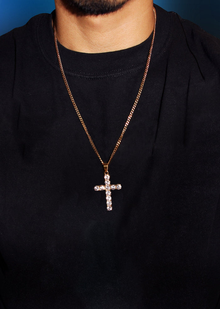 Mens Gold Plated Franco Chain & Cross Pendant | Appx. 16 Grams