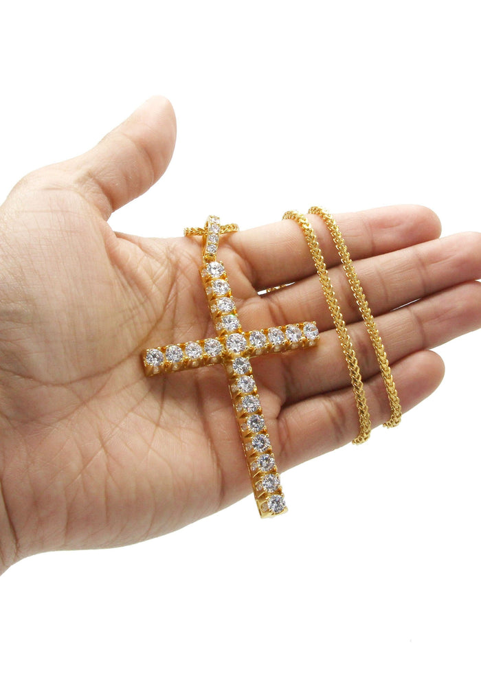 Mens Gold Plated Franco Chain & Cross Pendant | Appx. 30.5 Grams