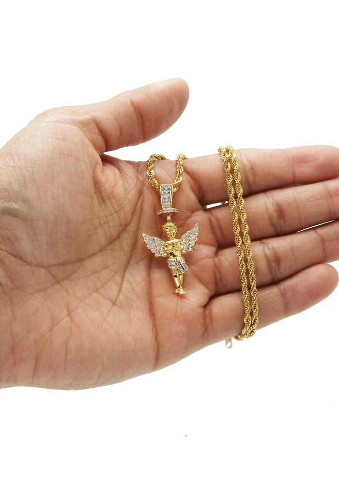 Mens Gold Plated Rope Chain & Angel Pendant | Appx. 14.2 Grams