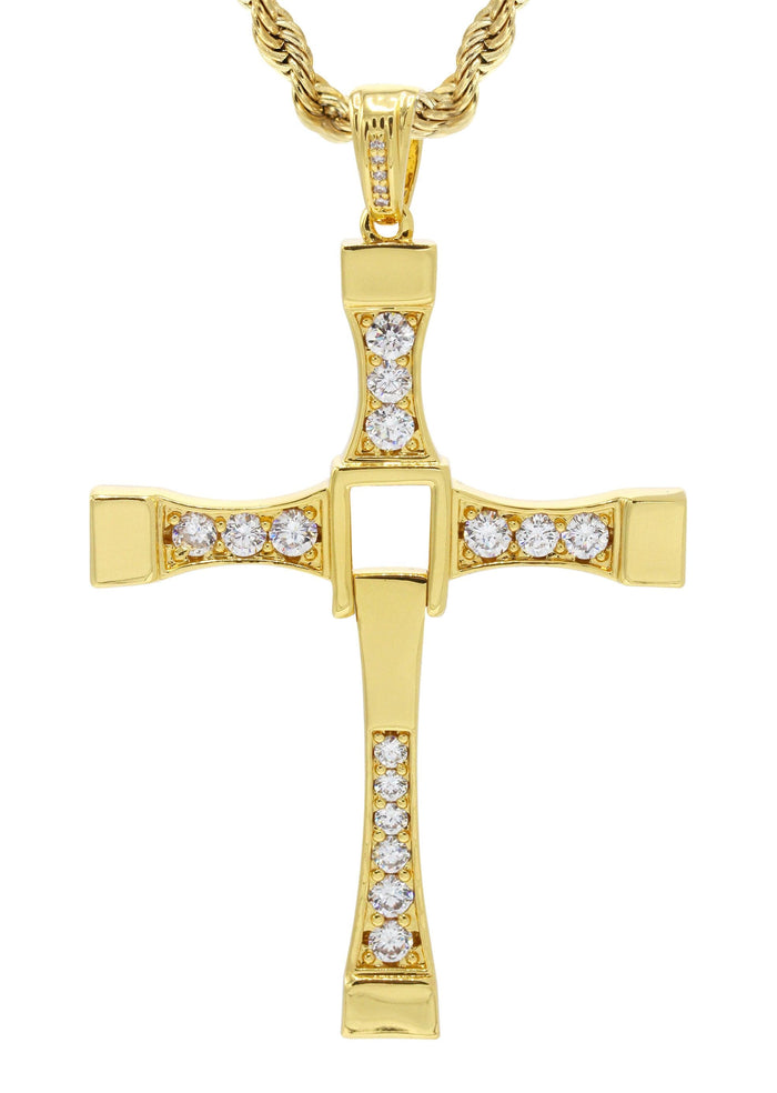 Mens Gold Plated Rope Chain & Cross Pendant | Appx. 26.7 Grams