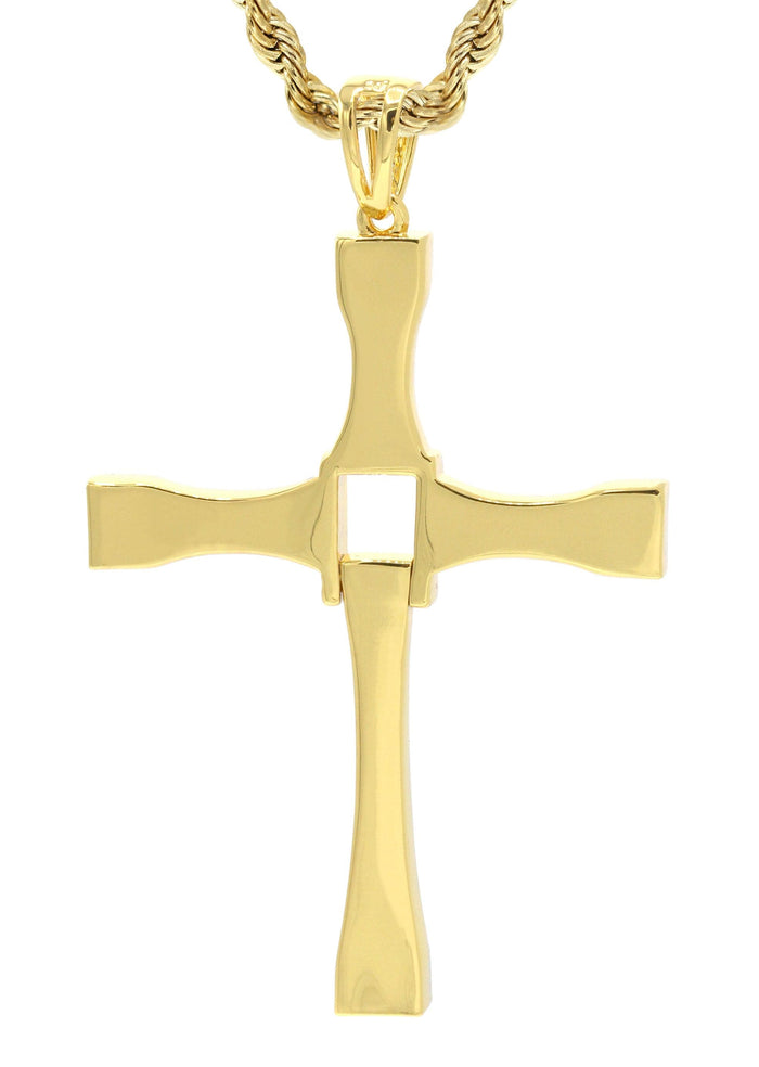 Mens Gold Plated Rope Chain & Cross Pendant | Appx. 26.7 Grams