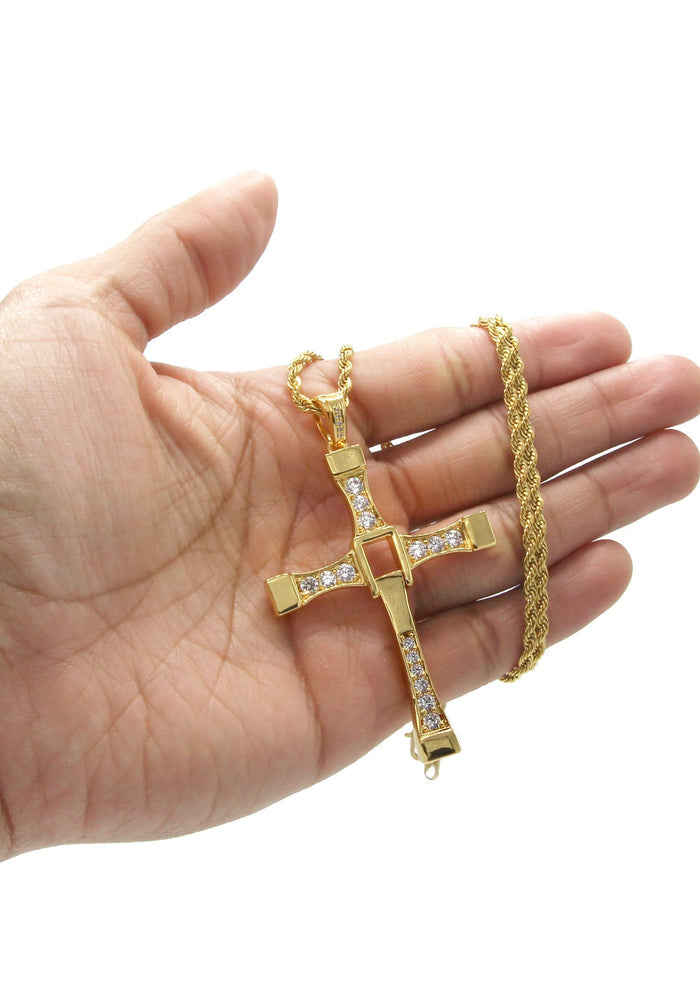 Mens Gold Plated Rope Chain & Cross Pendant | Appx. 26.7 Grams