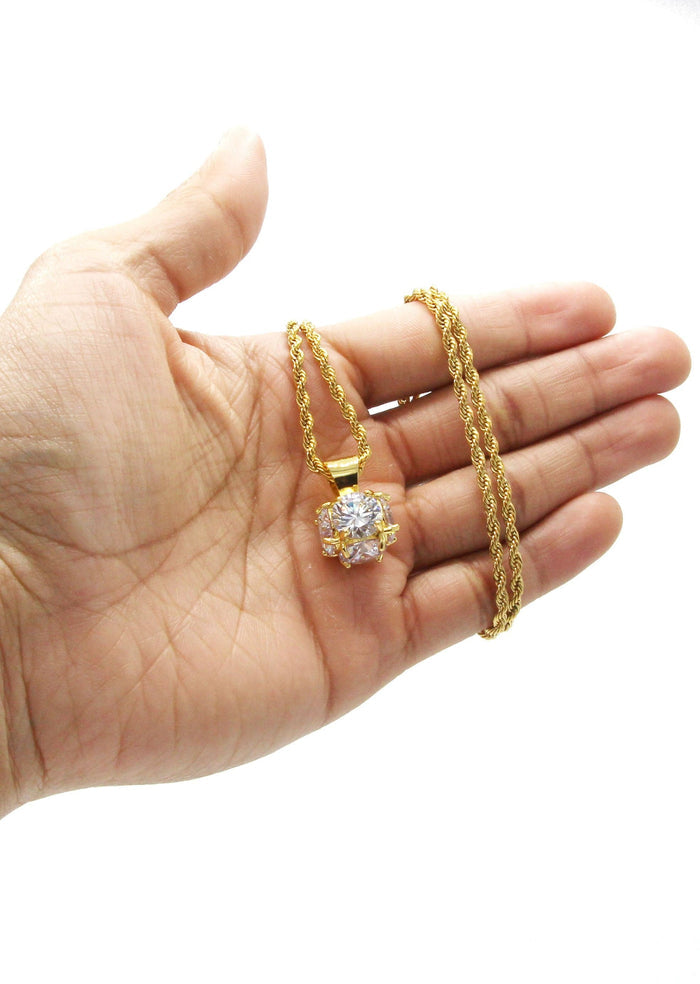 Mens Gold Plated Rope Chain & Cubic Zirconia Pendant | Appx. 19 Grams
