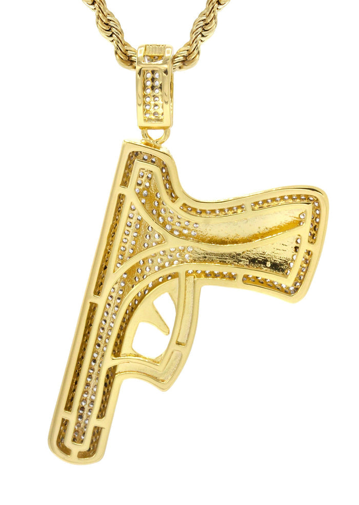 Mens Gold Plated Rope Chain & Gun Pendant | Appx. 16.2 Grams