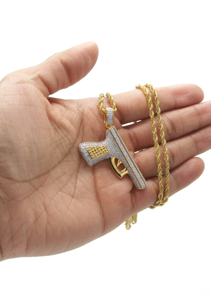 Mens Gold Plated Rope Chain & Gun Pendant | Appx. 16.2 Grams