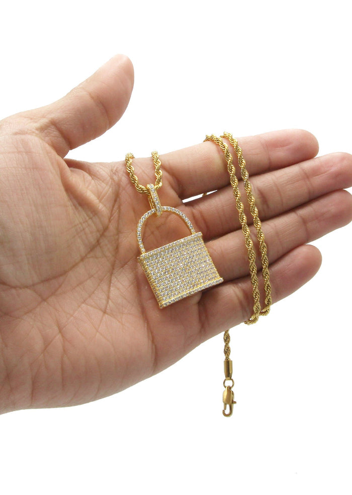 Mens Gold Plated Rope Chain & Lock Pendant | Appx. 18.7 Grams