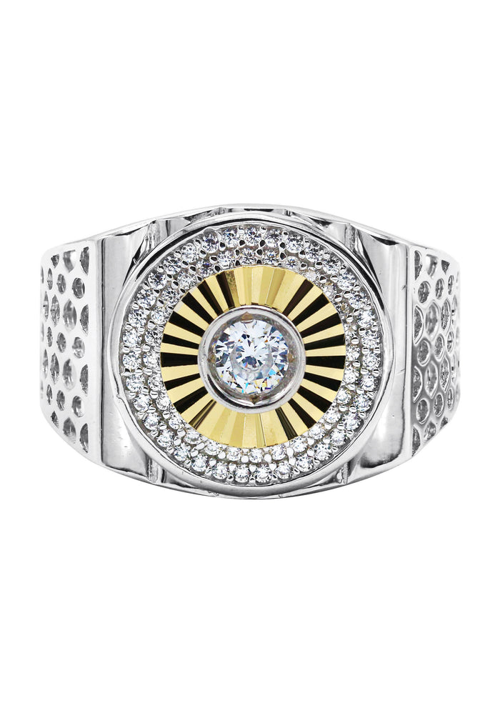 Mens Silver Round CZ Gold Ring | Appx 8.2 Grams