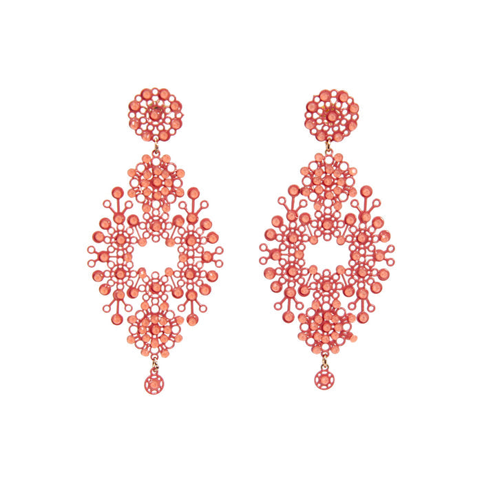 Merletti 03 Openwork Drop Earrings in Coral Rose with enamelled metal laminae and crystal embellishments.