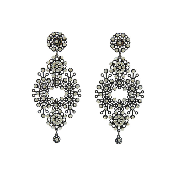 Merletti 03 Openwork Drop Earrings in Black Pearl with enamelled metal laminae and crystal embellishments.