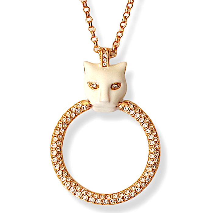Micro White Panther Pendant Necklace With Large Crystal Ring