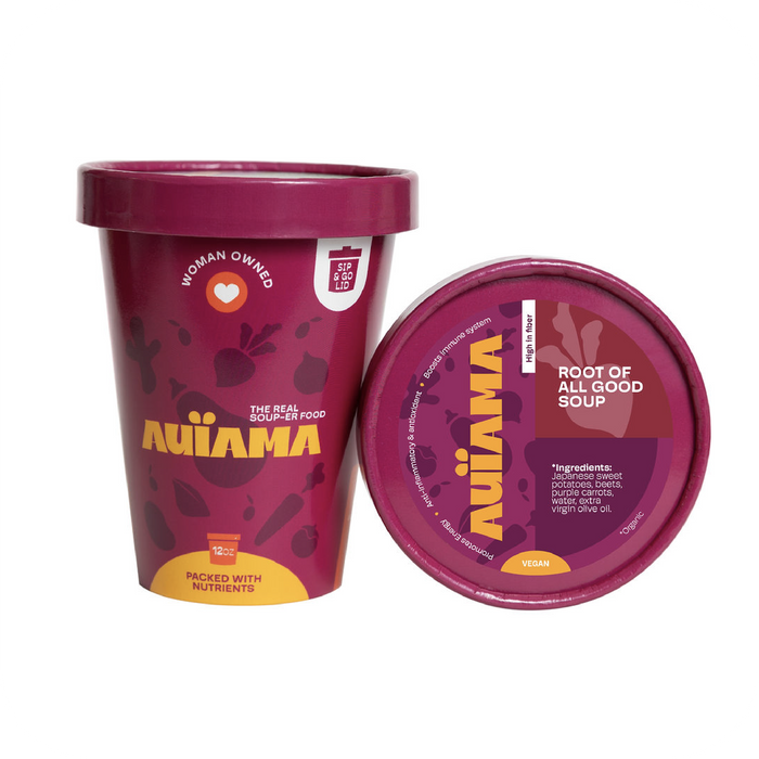 Root of All Good Soup served warm — Japanese sweet potatoes, beets, purple carrots