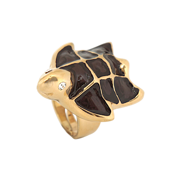 Sea turtle jewel ring in hand-enamelled 24 kt gold plated brass with Swarovski crystal details, Made in Italy