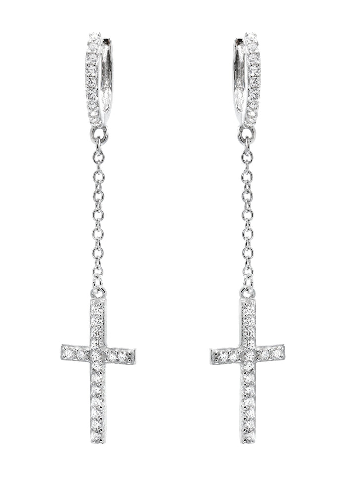 Silver Cross CZ Wire Dangling Hoop Earrings | Appx. 2.5 Grams