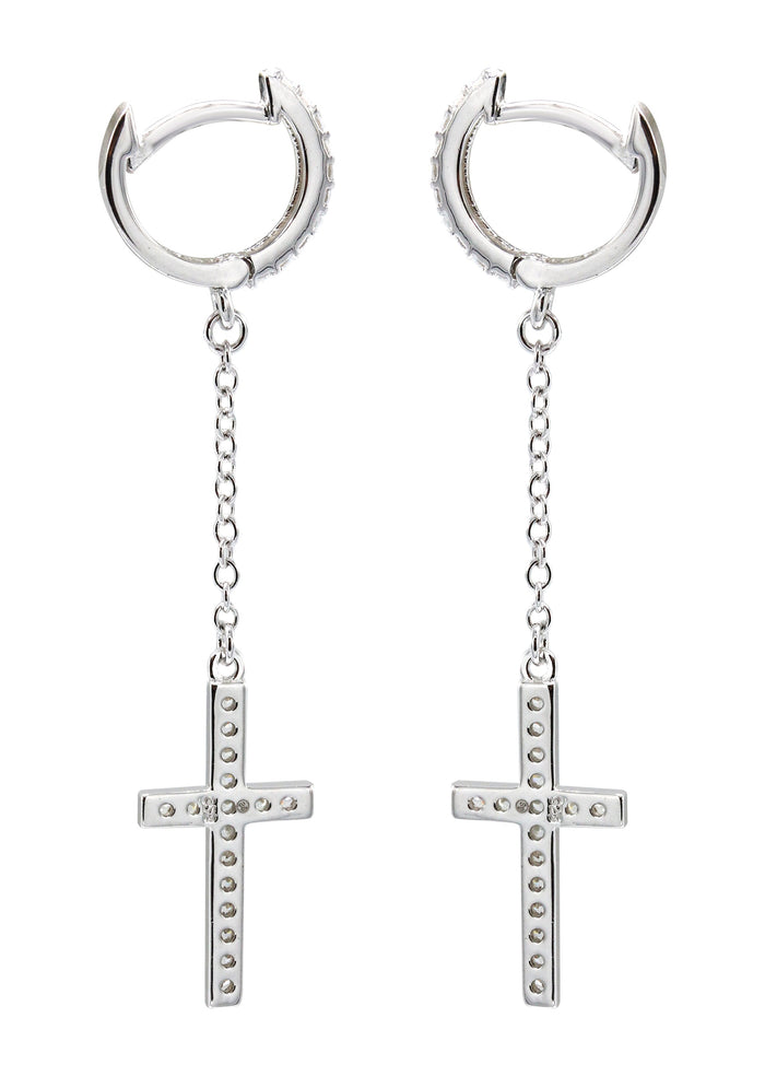Silver Cross CZ Wire Dangling Hoop Earrings | Appx. 2.5 Grams
