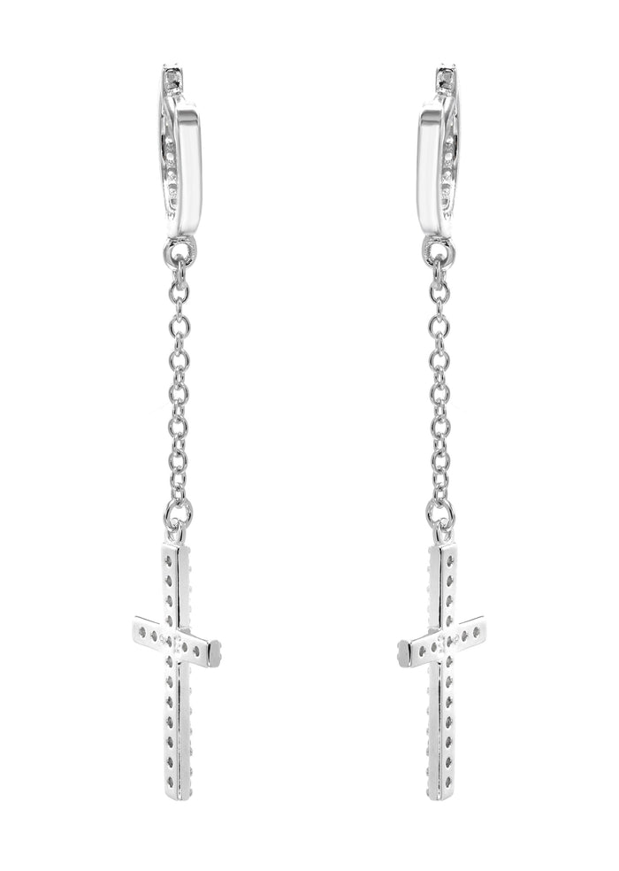 Silver Cross CZ Wire Dangling Hoop Earrings | Appx. 2.5 Grams