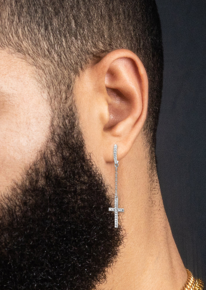 Silver Cross CZ Wire Dangling Hoop Earrings | Appx. 2.5 Grams