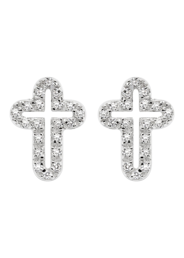 Silver Open Cross Plated Clear CZ Stud Earrings | Appx. 2 Grams