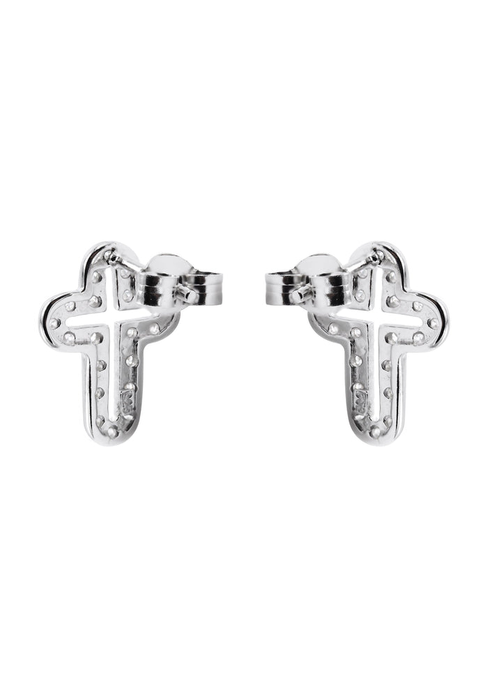 Silver Open Cross Plated Clear CZ Stud Earrings | Appx. 2 Grams