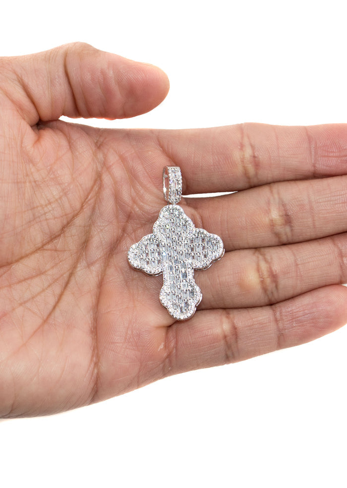 Silver Pendant - White Gold Cross Baguette Pendant | Appx 11 Grams