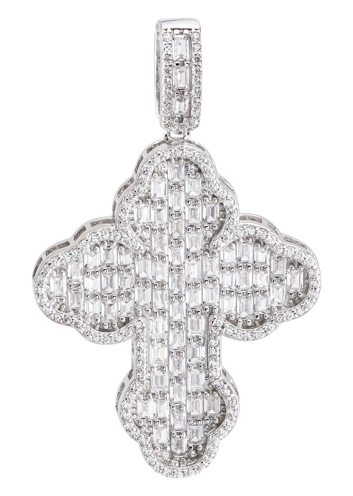 Silver Pendant - White Gold Cross Baguette Pendant | Appx 6.6 Grams