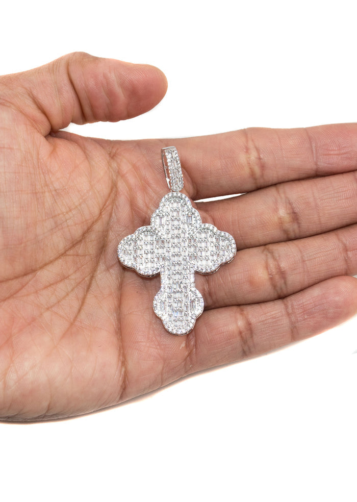 Silver Pendant - White Gold Cross Baguette Pendant | Appx 6.6 Grams