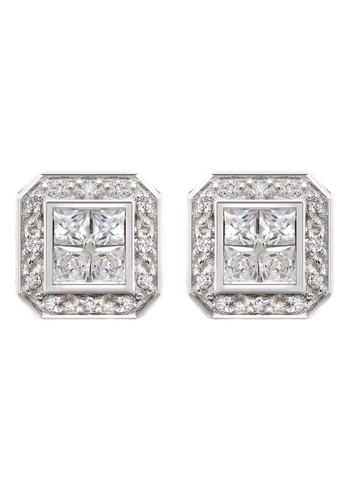 Silver Square Halo Clear CZ Stud Earrings | Appx. 5 Grams