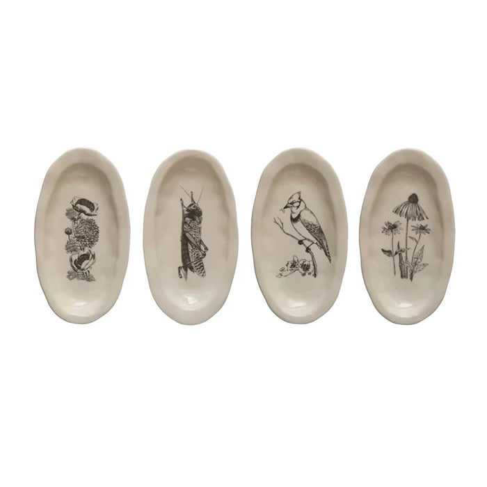 Stoneware Organic Shaped Plate w/ Flora/Fauna Image, 4 Styles