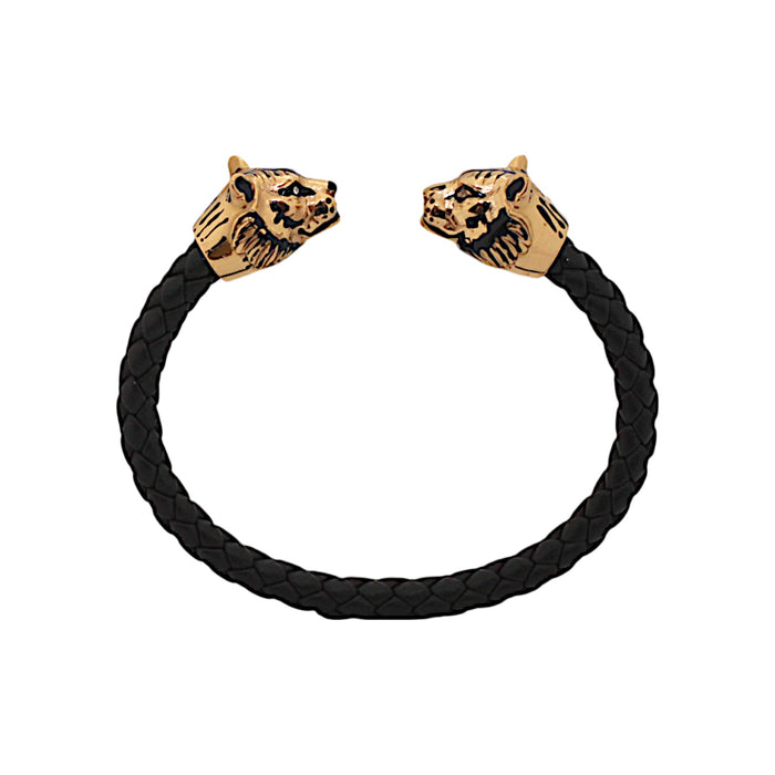 Tiger Bracelet Gold Finish  in Braided Black Leather