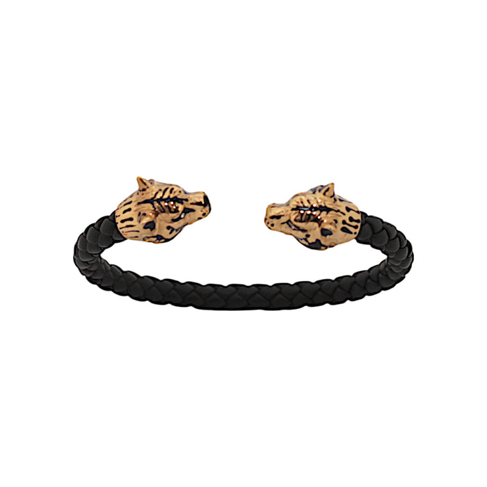 Tiger Bracelet Gold Finish  in Braided Black Leather