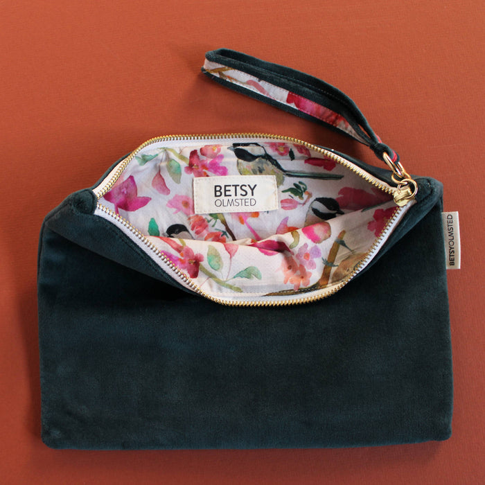 Velvet Pouch- Teal & Chickadees