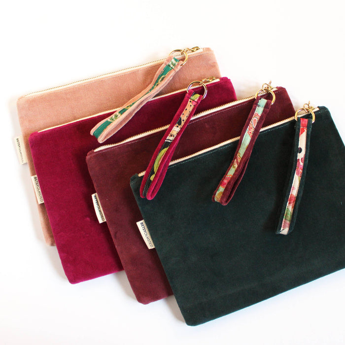 Velvet Pouch- Teal & Chickadees