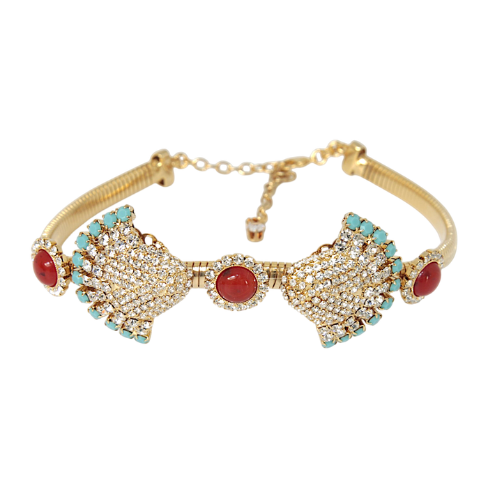 Venere Crystal Choker Necklace with coral cabochons, turquoise accents and crystal embellishments