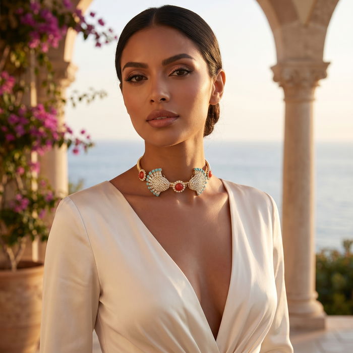 Venere Crystal Choker Necklace with coral cabochons, turquoise accents and crystal embellishments