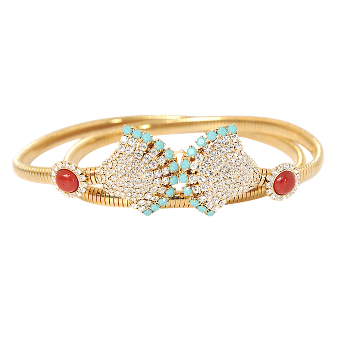 Venere Crystal Metal Mesh Belt with coral cabochons, turquoise accents and crystal pavé motifs