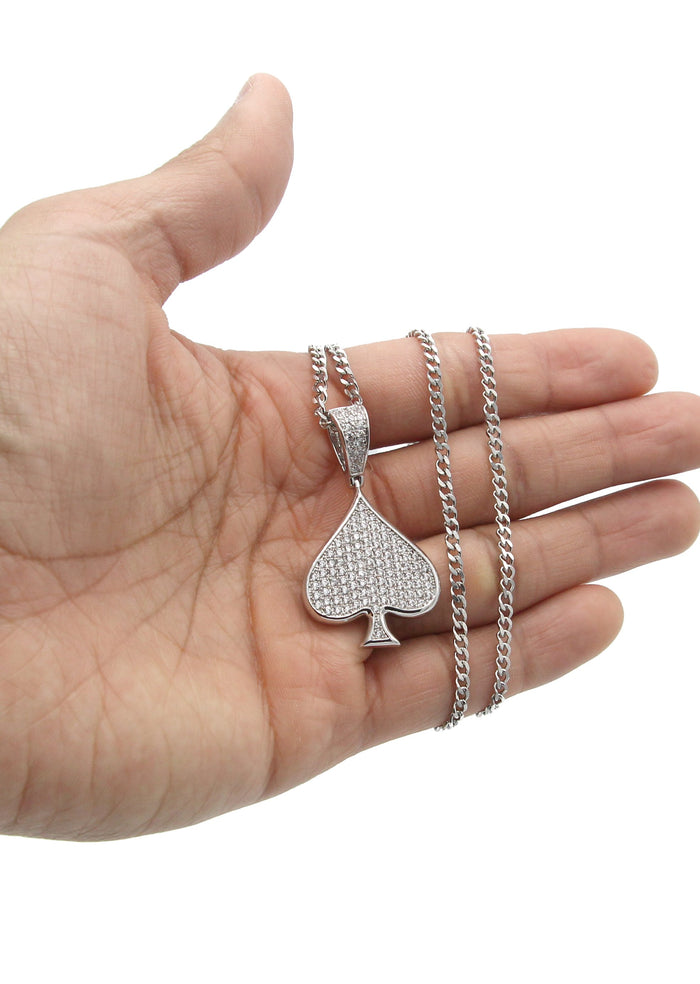 White Gold Plated Cuban Link Chain & Ace of Spades Pendant | Appx. 15.9 Grams