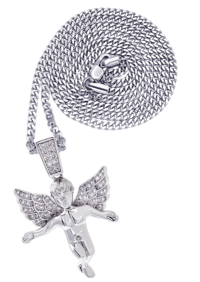 White Gold Plated Cuban Link Chain & Angel Pendant | Appx. 14.2 Grams