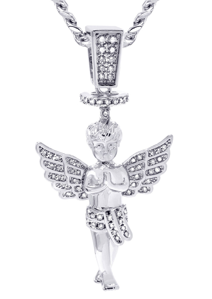 White Gold Plated Cuban Link Chain & Angel Pendant | Appx. 14.2 Grams