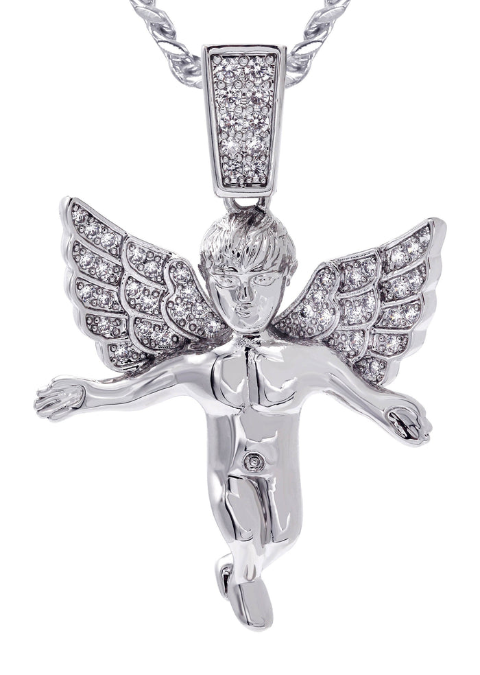 White Gold Plated Cuban Link Chain & Angel Pendant | Appx. 14.2 Grams