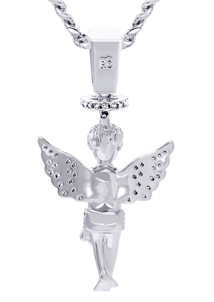 White Gold Plated Cuban Link Chain & Angel Pendant | Appx. 14.2 Grams