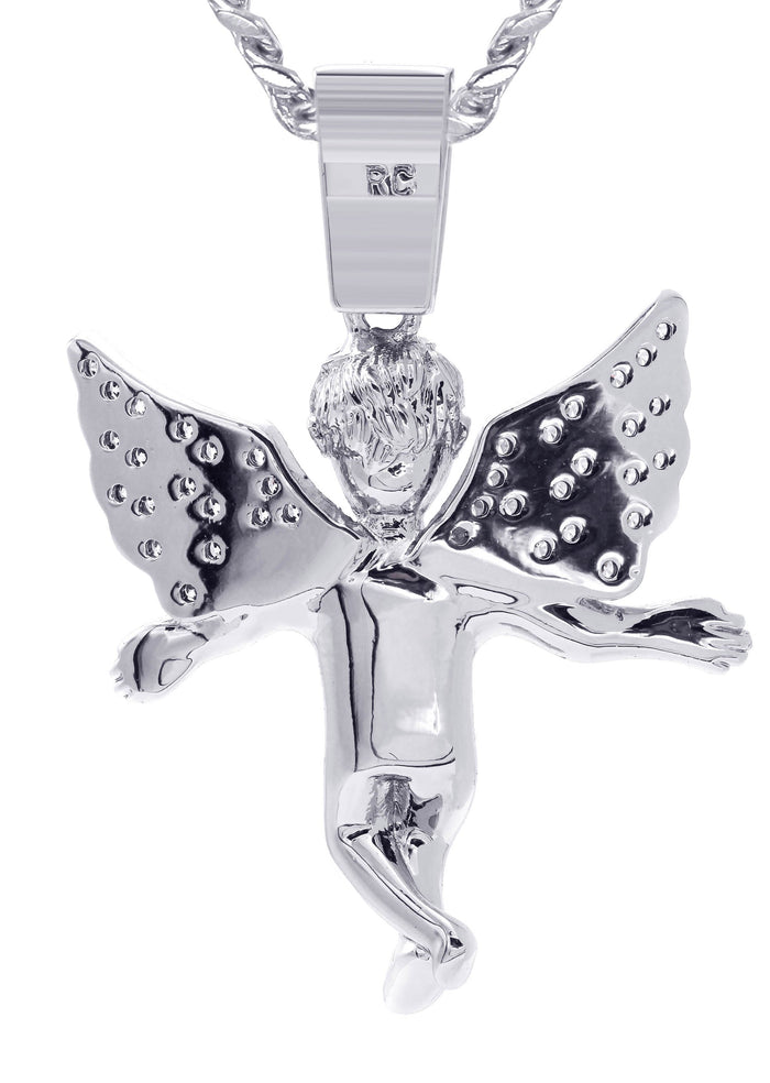 White Gold Plated Cuban Link Chain & Angel Pendant | Appx. 14.2 Grams