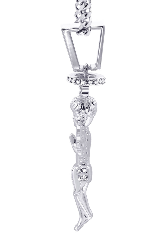 White Gold Plated Cuban Link Chain & Angel Pendant | Appx. 14.2 Grams