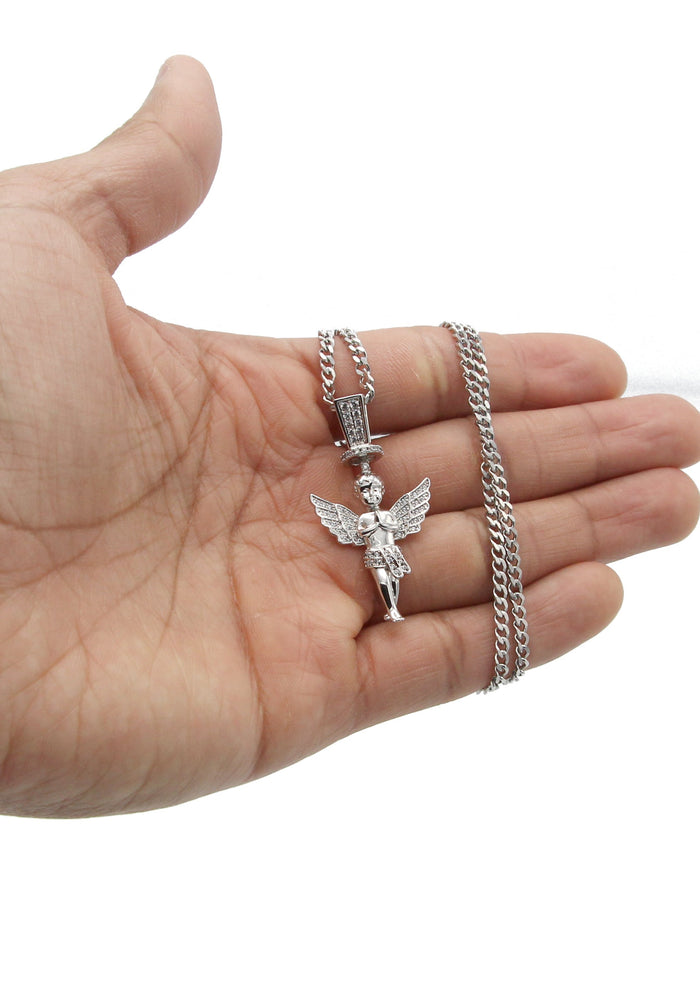 White Gold Plated Cuban Link Chain & Angel Pendant | Appx. 14.2 Grams