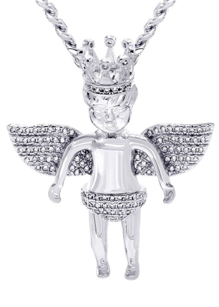 White Gold Plated Cuban Link Chain & Angel Pendant | Appx. 16.3 Grams