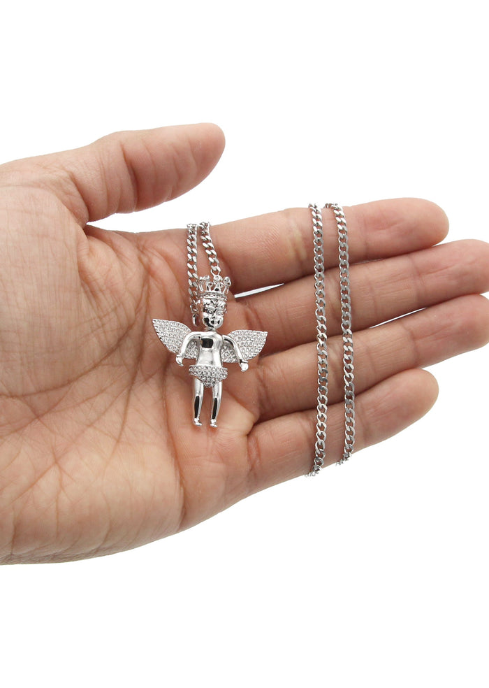 White Gold Plated Cuban Link Chain & Angel Pendant | Appx. 16.3 Grams