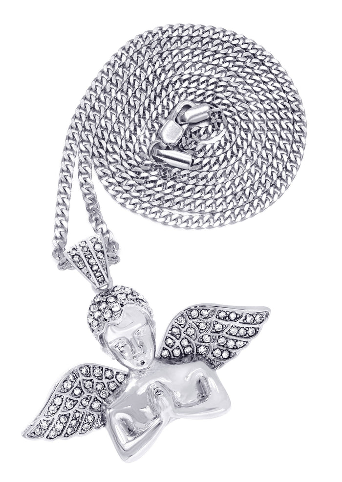 White Gold Plated Cuban Link Chain & Angel Pendant | Appx. 19.4 Grams